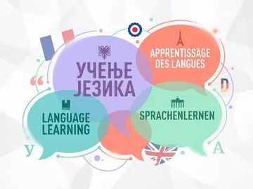 Multilingual learning illustration with speech bubbles