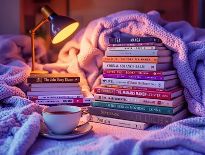 Cozy reading setup with books and manga
